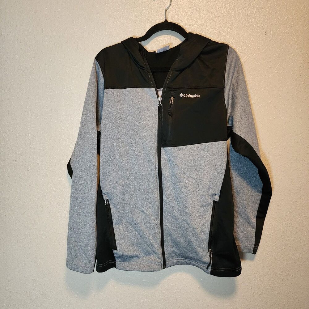 Columbia Mens XM0672 Colorblock Tech Fleece Hooded Jacket Gray Black Full Zip